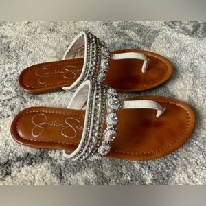 Jessica Simpson white beaded t-strap sandals size 7.5